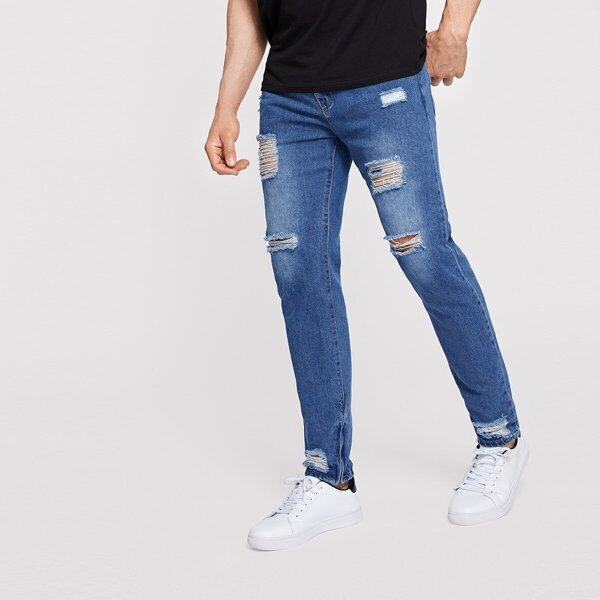 

Men Zip Hem Ripped Wash Jeans