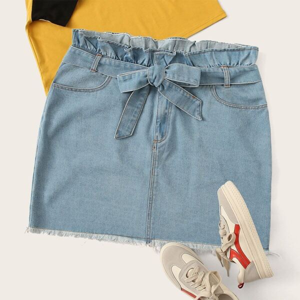 

Plus Raw Hem Frill Waist Belted Denim Skirt