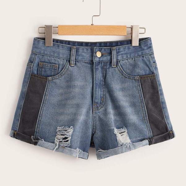 

Plus Contrast Panel Ripped Denim Shorts