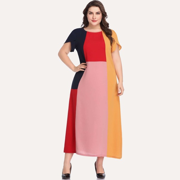 

Plus Contrast Panel Maxi Dress, Multicolor