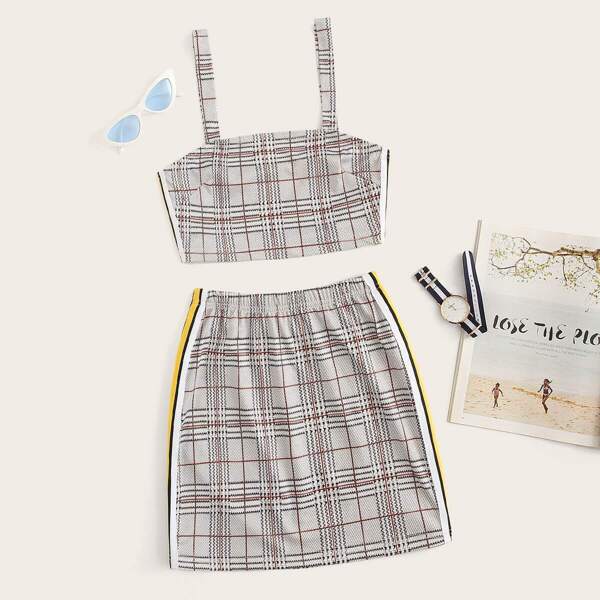 

Plaid Side Stripe Cami Top With Skirt