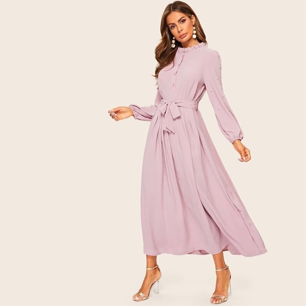 

Pearls Trim Belted Button Half Placket Dress, Pink