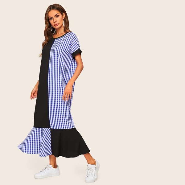 

Gingham Print Ruffle Hem Longline Dress, Multicolor