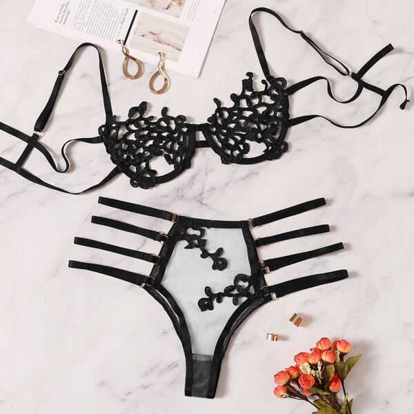 

Sheer Ladder Cut-out Lingerie Set