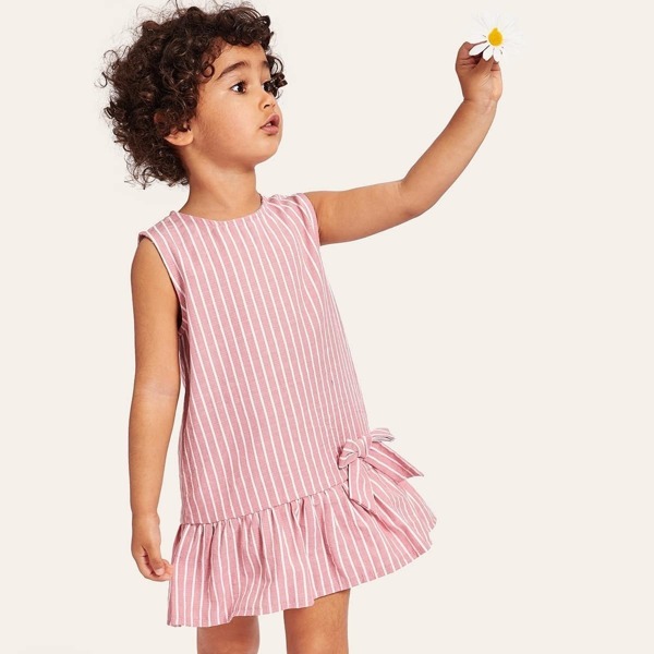 

Toddler Girls Ruffle Hem Bow Detail Striped Dress, Pink pastel