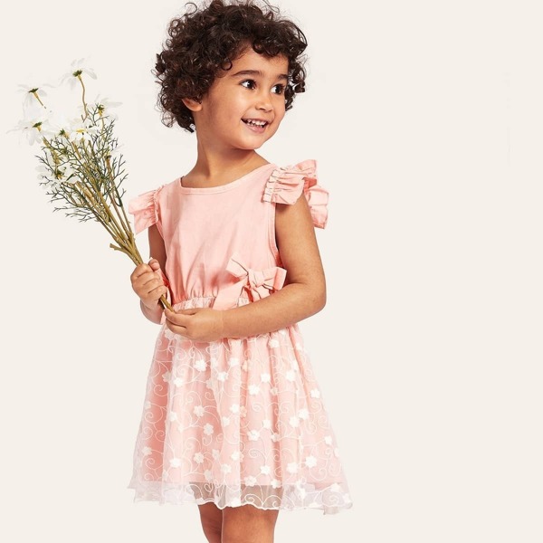 

Toddle Girls Ruffle Armhole Bow Front Mesh Overlap Dress