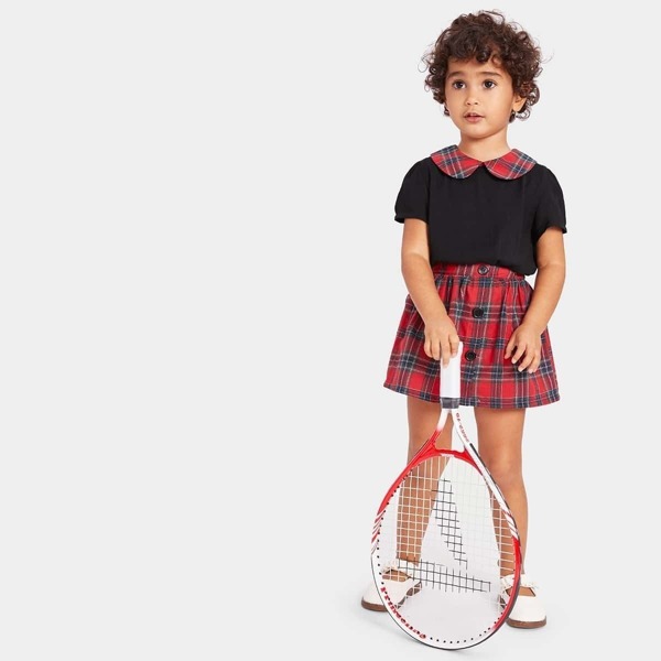 

Toddler Girls Contrast Collar Tee & Tartan Skirt Set