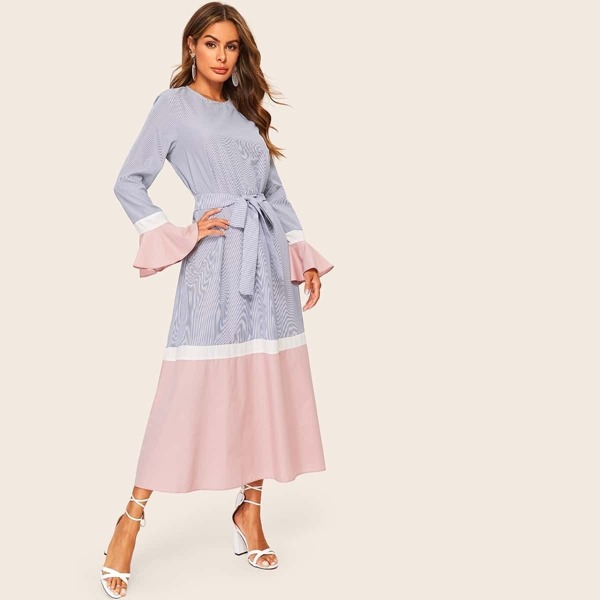 

Flounce Sleeve Pinstripe Dress, Multicolor