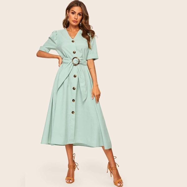 

O-ring Belted Single Breasted V-neck Dress, Green