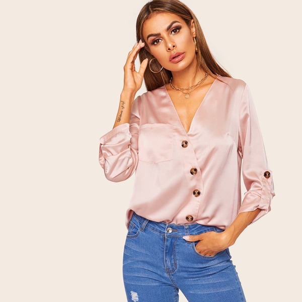 

Roll Tab Sleeve Buttoned Blouse
