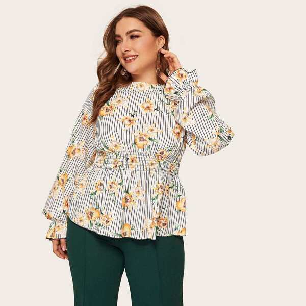 

Plus Pinstripe & Botanical Print Shirred Waist Blouse
