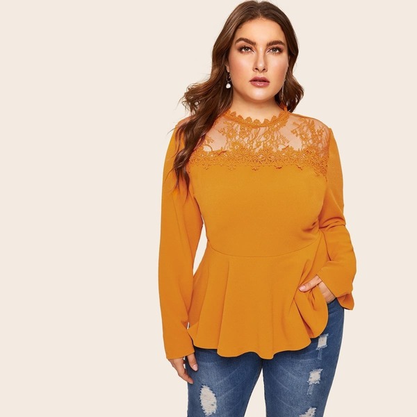 

Plus Lace Yoke Textured Peplum Blouse