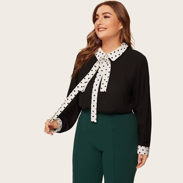 

Plus Contrast Polka Dot Collar Tie Neck Blouse