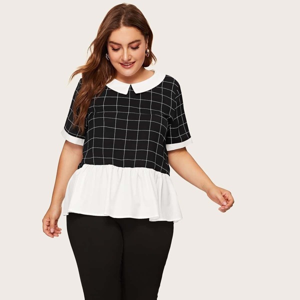 

Plus Peter-pan-collar Colorblock Grid Top