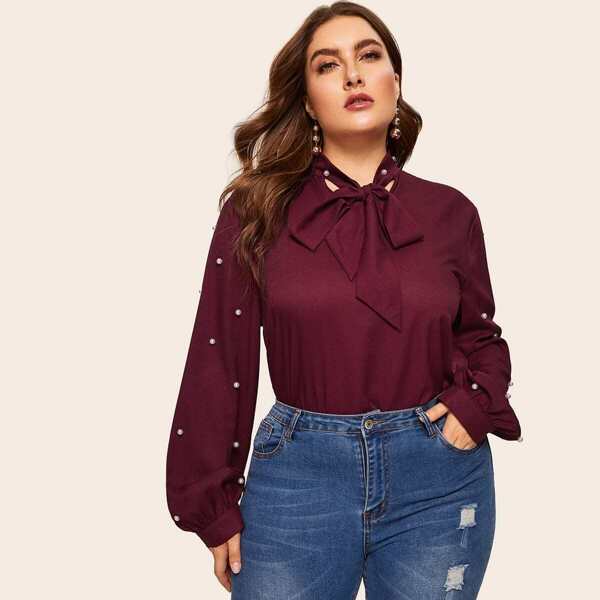 

Plus Tie Neck Lantern Sleeve Pearl Beaded Blouse