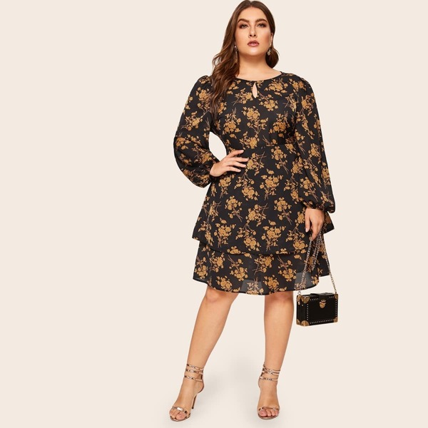 

Plus Botanical Print Layered Dress, Multicolor
