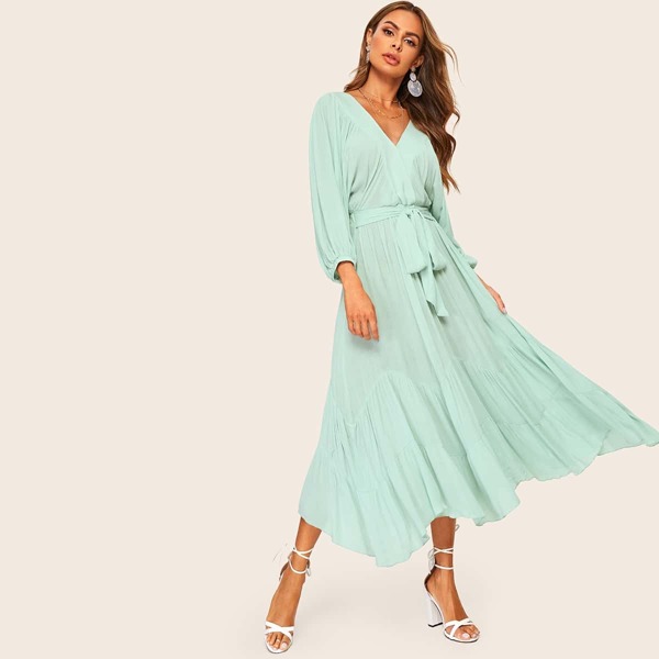 

Batwing Sleeve Ruffle Hem Solid Belted Dress, Blue