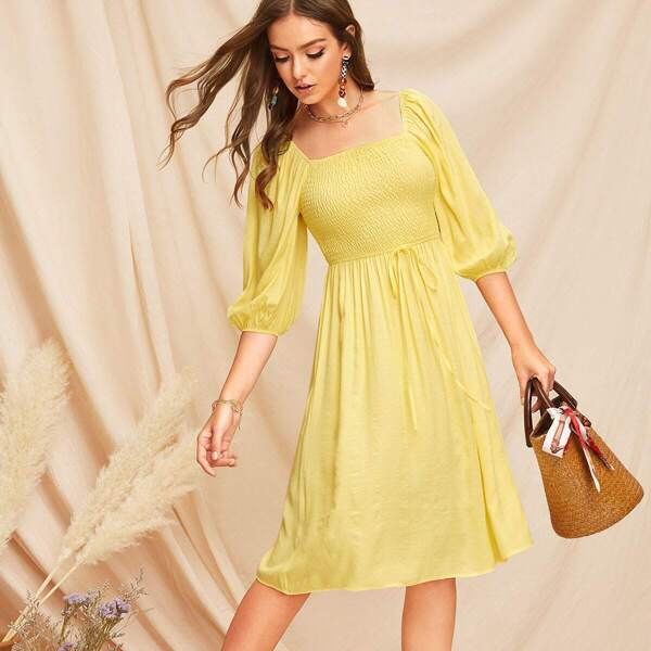

Tie Waist Shirred Bodice Bishop Sleeve Smock Dress