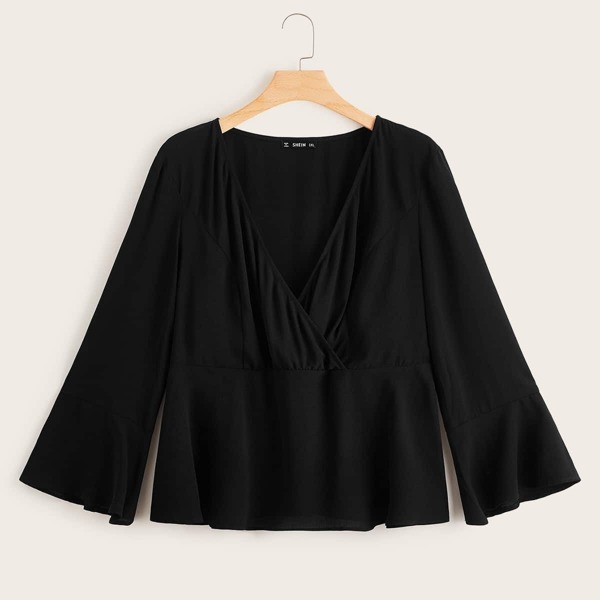 

Plus Trumpet Sleeve Surplice Peplum Top, Black