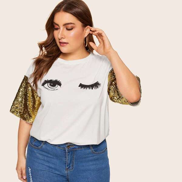 

Plus Sequin Sleeve Winky Eye Print Tee, White