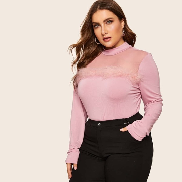 

Plus Mesh Yoke Faux Fur Embellished Fitted Tee