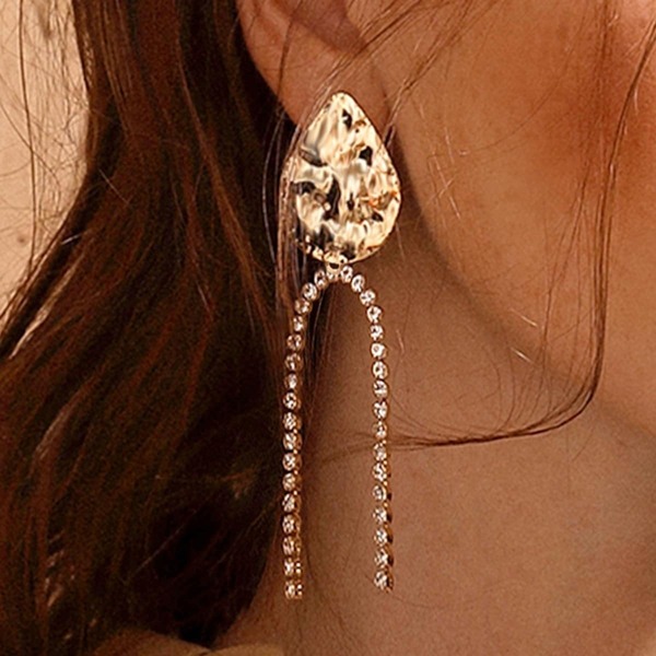 

Hammered Metal Rhinestone String Drop Earrings 1pair, Gold
