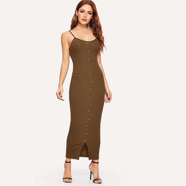 

Button Front Slit Hem Rib-knit Bodycon Dress