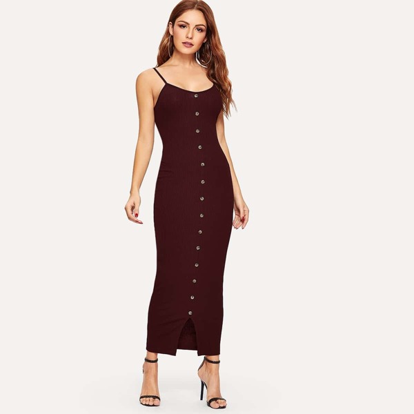 

Button Front Slit Hem Rib-knit Bodycon Dress