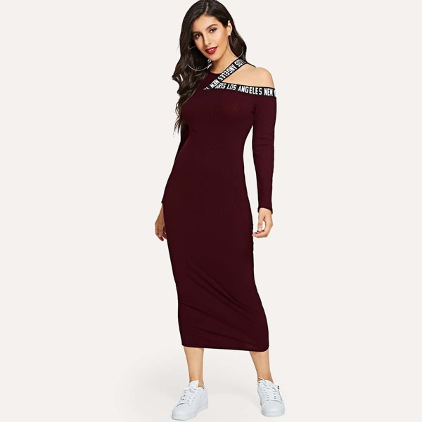 

Asymmetrical Neck Rib Knit Letter Tape Dress, Burgundy