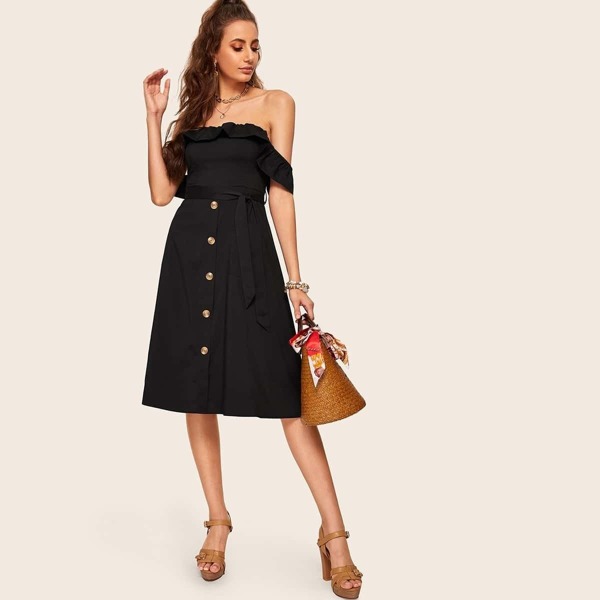 

Flounce Foldover Off Shoulder Button Front Dress