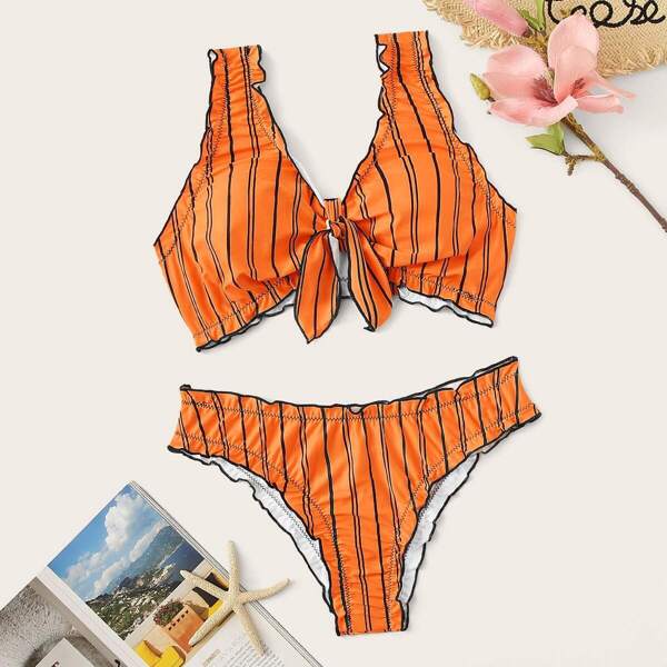

Lettuce Trim Top With Random Striped Knot Bikini