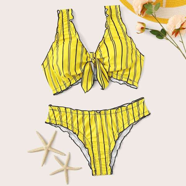 

Striped Lettuce Trim Knot Front Bikini Set