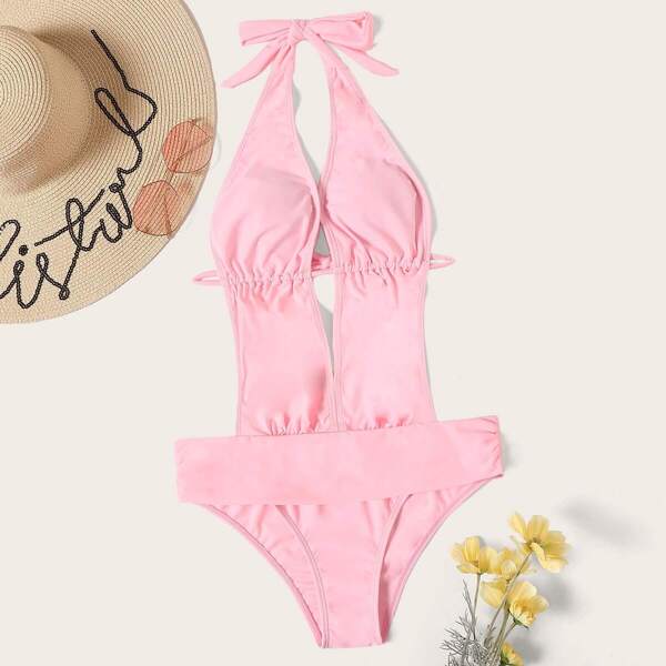 

Drawstring Open Back Halter Monokini