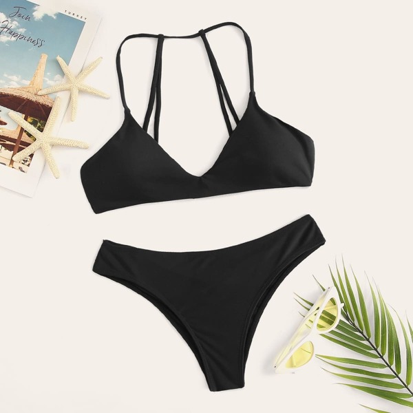 Strappy Back Top With Stitch Trim Bikini Set, Black
