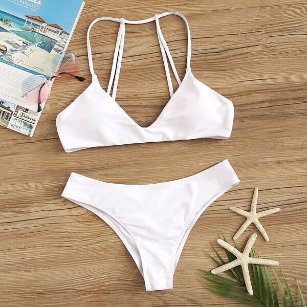 

Strappy Back Top With Stitch Trim Bikini Set