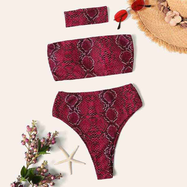 

Snake Print Bandeau Bikini Set With Choker
