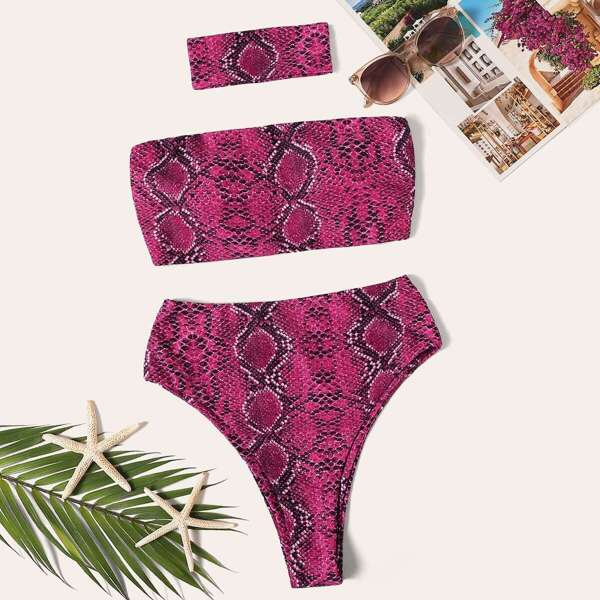 

Snake Print Bandeau Bikini Set With Choker