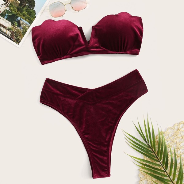 

Velvet V-cut Bandeau With High Leg Bikini Set