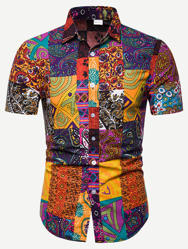 

Men Patchwork Print Curved Hem Shirt, Multicolor