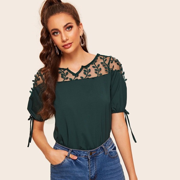 

Embroidered Mesh Yoke Tie Cuff Blouse