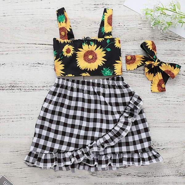 

Toddler Girls Sunflower Print Crop Top & Gingham Skirt & Headband, Multicolor