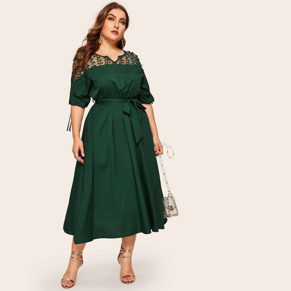 

Plus Contrast Mesh Knot Cuff Belted Dress, Dark green