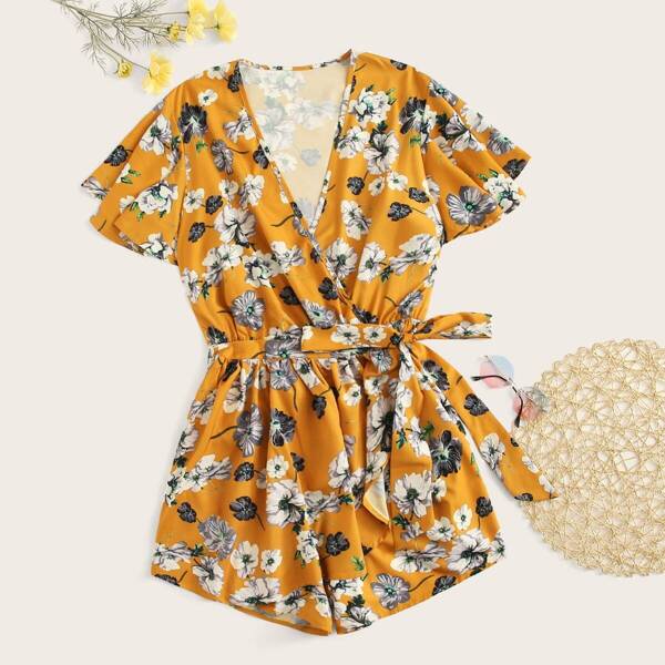 

Plus Surplice Front Floral Print Belted Romper, Yellow