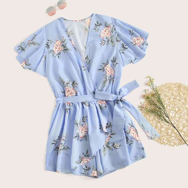 

Plus Surplice Front Floral Print Belted Romper, Baby blue