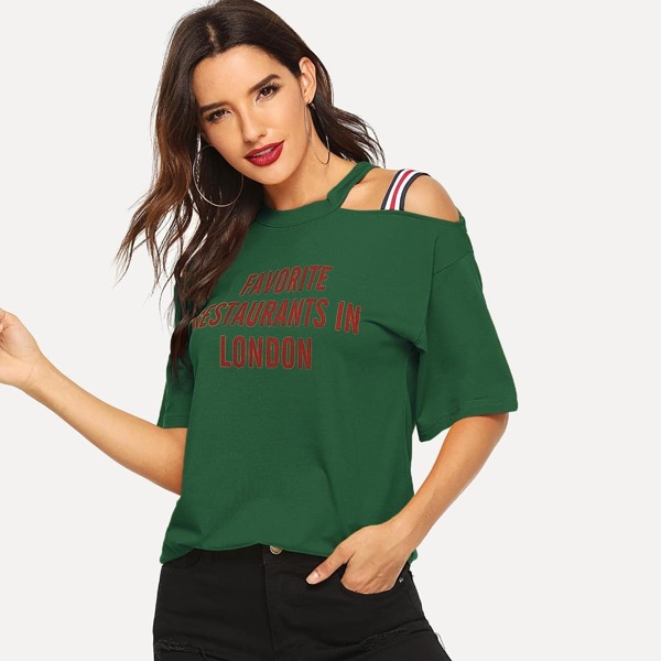 

Cold Shoulder Letter Print Tee, Green