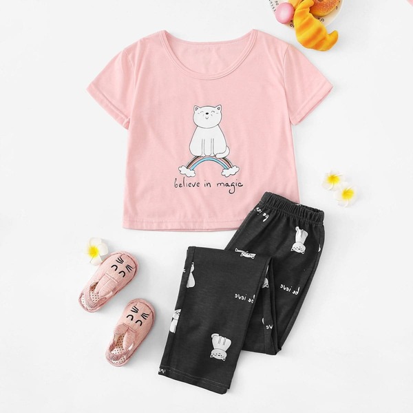 

Girls Cat & Letter Print Pajama Set