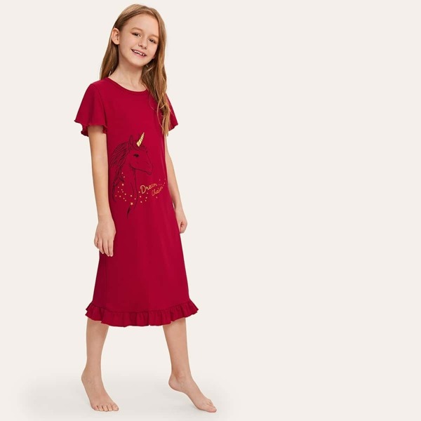 

Girls Unicorn Graphic Ruffle Hem Night Dress, Red