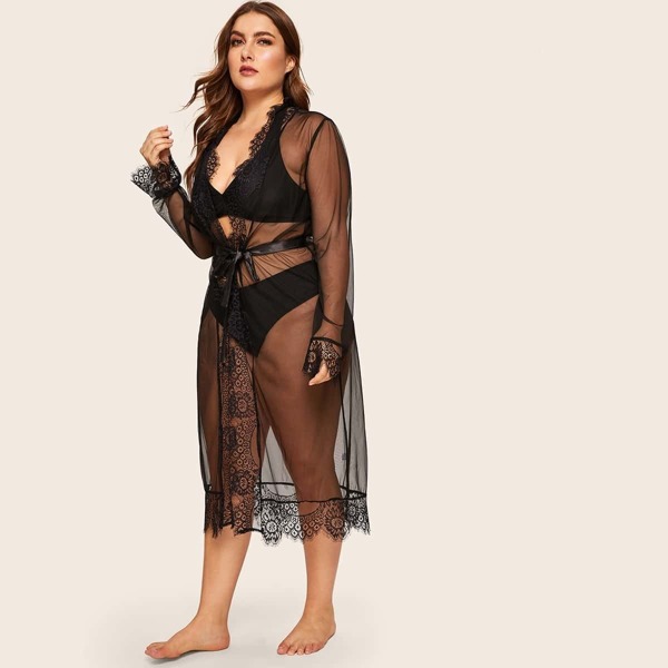 

Plus Floral Lace Sheer Belted Robe