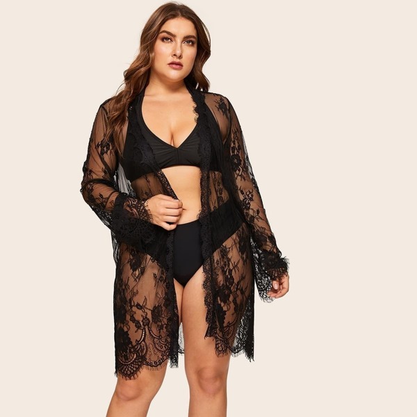 

Plus Floral Lace Sheer Robe With Thong, Black