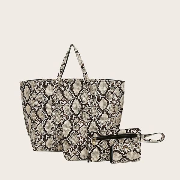 

Snakeskin Print Tote Bag With Card Case 4pcs, Multicolor